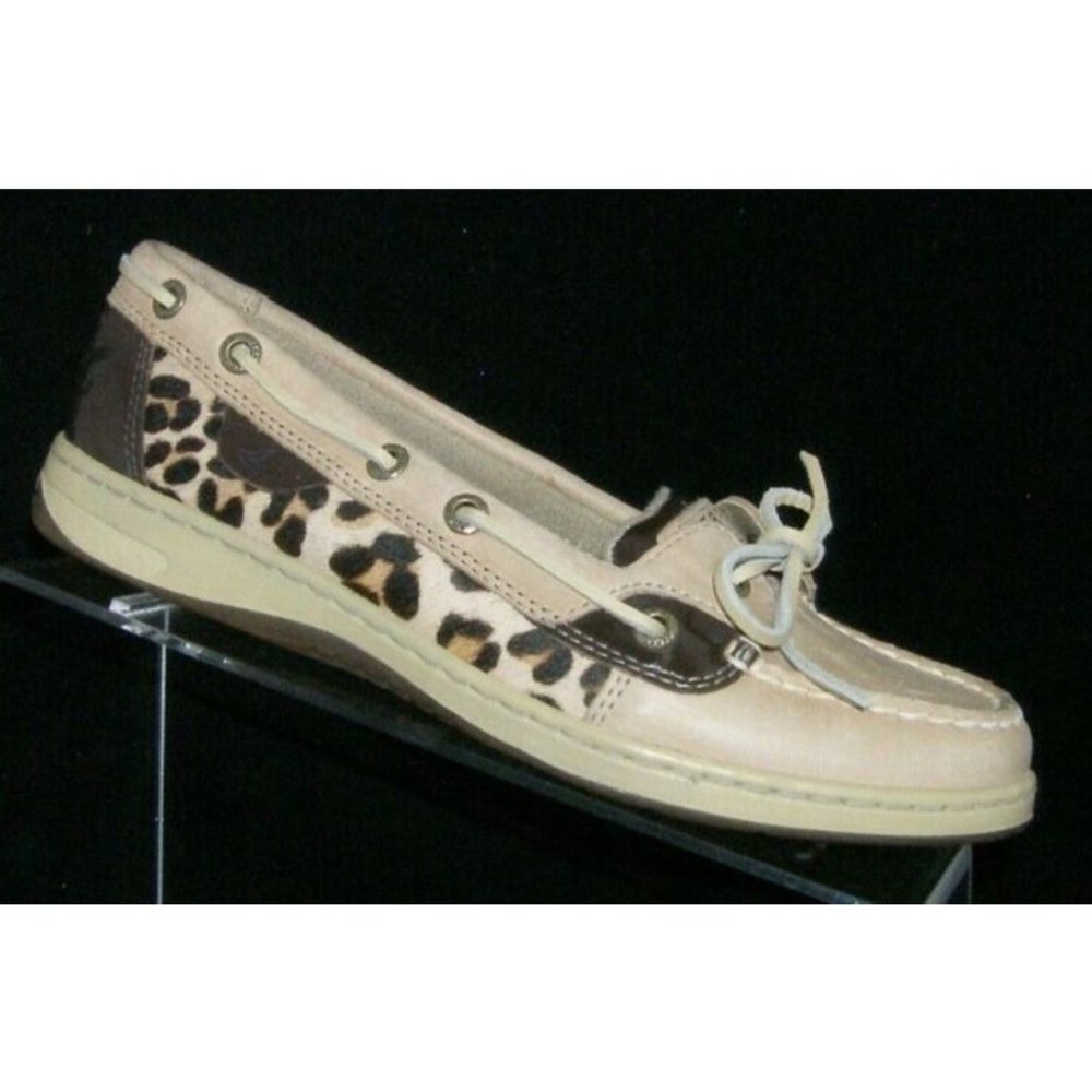 Sperry Angelfish beige leather leopard print 2-eye fur boat shoes 7.5M